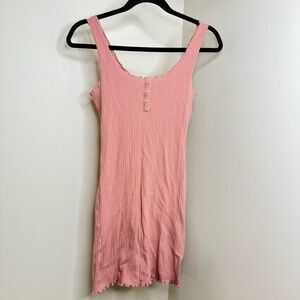 Salmon Lettuce Trim Hem Ribbed Sleeveless Fitted Dress with Wooden Buttons